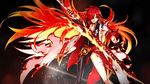  :d artist_request asymmetrical_clothes belt black_background black_neckwear choker elesis_(elsword) elsword feet_out_of_frame flame_lord_(elsword) gloves hair_over_one_eye highres holding holding_sword holding_weapon long_hair looking_to_the_side official_art open_mouth red_eyes red_hair single_pantsleg skin_tight smile solo sword tattoo weapon white_coat 