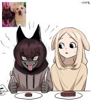  2girls :&lt; :3 :p absurdres angry animal_ears artist_name artist_self-insert black_dog black_eyes black_hoodie black_mouth black_skin blonde_hair bob_cut brown_hair brown_sweater closed_mouth colored_skin constricted_pupils dining_room dog dog_ears dog_girl drawstring droopy_ears ears_back eating envy eyelashes food fork gegegekman gloom_(expression) grey_hoodie hair_between_eyes hands_on_table highres holding holding_fork holding_utensil hood hood_down hoodie jealous knife leaning_forward long_sleeves looking_at_another looking_at_viewer looking_to_the_side meat medium_hair motion_lines multiple_girls nervous notice_lines original parted_hair parted_lips personification photo_inset plate reference_inset scene_reference shaded_face sharp_teeth shiny_eyes short_hair side-by-side signature sitting smile steak sweatdrop sweater table teeth tongue tongue_out two-tone_hoodie v-shaped_eyebrows v_arms white_background worried yellow_dog 