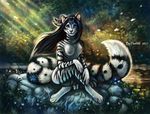  2017 4_toes 5_fingers ambiguous_gender anthro black_feathers black_fur black_hair black_markings black_stripes blue_eyes blue_flower breasts butt circlet day detailed_background digital_media_(artwork) digitigrade dipstick_tail feathers feline female flashw flower fluffy fluffy_tail front_view full-length_portrait fur hair hindpaw humanoid_hands inner_ear_fluff lily_pad long_mouth long_tail looking_at_viewer loose_feather mammal markings multicolored_feathers multicolored_tail nature nipples no_sclera nude orange_feathers outside particles paws pink_nipples pink_nose plant portrait reflection rock shadow shrub sitting smile snout solo striped_fur stripes sunlight tiger toes tree two_tone_feathers water_lily whiskers white_feathers white_flower white_fur white_tiger yenene 