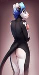  2017 absurd_res anthro bare_back black_fur blue_hair bone_dream butt butt_pose digital_media_(artwork) female fur hair hi_res looking_at_viewer looking_back mammal nude pink_nose purple_eyes rat rear_view rodent simple_background solo whiskers zazush-una 