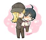  1boy 1girl ahoge akamatsu_kaede black_hair blazer blush buttons crossdressing danganronpa duo eyes_closed hair_ornament hairclip hat miniskirt musical_note musical_note_hair_ornament necktie new_danganronpa_v3 open_mouth pants pikari saihara_shuuichi school_uniform shirt shoes short_hair simple_background skirt smile socks sweater sweater_vest tie uniform yellow_eyes 