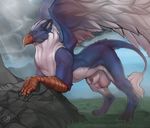  2017 animal_genitalia avian balls beak big_balls blue_fur blue_tail claws cloud detailed_background digital_media_(artwork) feathered_wings feathers feral field full-length_portrait fully_sheathed fur green_eyes grey_claws gryphon hi_res looking_at_viewer male multicolored_fur orange_beak outside ozi-rz portrait quadruped rock sheath side_view signature sky solo tail_tuft tuft two_tone_fur white_balls white_feathers white_fur wings 