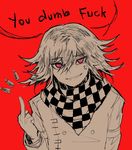  1boy anger_vein angry bangs buttons checkered_scarf danganronpa english_text eyebrows middle_finger nanamichiii new_danganronpa_v3 ouma_kokichi pink_eyes scarf shirt short_hair side_bangs simple_background solo straitjacket text 