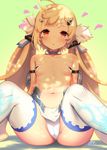  :o ahoge azur_lane bare_shoulders blonde_hair breasts covered_nipples eldridge_(azur_lane) facial_mark hair_ornament heart heart_ahoge long_hair looking_at_viewer navel orange_eyes panties pantyshot pantyshot_(sitting) sitting small_breasts solo tareme thighhighs twintails underwear very_long_hair white_legwear white_panties yasuyuki 