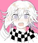  1boy bangs checkered_scarf danganronpa eyebrows nanamichiii new_danganronpa_v3 open_mouth ouma_kokichi pink_background purple_eyes scarf shirt short_hair side_bangs simple_background solo 