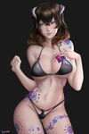  1girl artist_name bikini black_background black_bra bloodstained:_ritual_of_the_night blue_eyes blush bra breasts brown_hair cleavage horns large_breasts miriam_(bloodstained) navel panties ragecndy simple_background tattoo thong underboob 