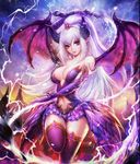  1girl artist_request bare_shoulders black_legwear breasts cleavage dark_summoner demon_girl demon_wings earrings elbow_gloves energy_whip female gloves horns large_breasts leg_up lightning lips long_hair looking_at_viewer navel navel_cutout outdoors playful_kyari purple_gloves purple_skirt red_eyes skirt sky smile solo source_request staff standing standing_on_one_leg thighhighs tiara tied_hair weapon whip white_hair wings zettai_ryouiki 