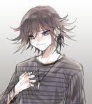  1girl bangs blue_shirt danganronpa ear_piercing earrings eyebrows jewelry matching_hair/eyes nanamichiii necklace new_danganronpa_v3 ouma_kokichi pendant piercing purple_eyes purple_hair ring shirt short_hair side_bangs solo striped striped_shirt 