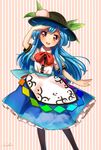  :d black_hat black_legwear blue_hair blue_skirt commentary_request food frills fruit hand_over_eye hat highres hinanawi_tenshi leaf long_hair looking_at_viewer neck_ribbon open_mouth peach puffy_short_sleeves puffy_sleeves rainbow_order red_eyes red_ribbon ribbon short_sleeves signature skirt smile solo striped striped_background touhou vertical-striped_background vertical_stripes welt_(kinsei_koutenkyoku) 