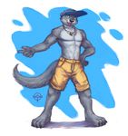  2017 anthro byowt clothed clothing fur hi_res male mammal muscular muscular_male mustelid otter pants pecs solo summer topless 