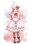  angel_wings black_legwear blonde_hair blue_eyes boots dress full_body furim hand_to_own_mouth hat highres lily_white long_hair open_mouth pantyhose smile solo touhou white_dress wings 