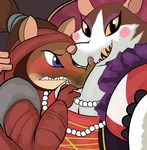  anthro armello blue_eyes blush breasts brown_hair clothing dress duo eyelashes female frown grey_background griotte_(armello) groufie hair jewelry kl0ndike mammal necklace pink_nose rat rodent selfie sharp_teeth simple_background smile teeth yellow_eyes zosha_(armello) 