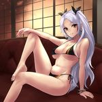  arm_at_side arm_support azur_lane backlighting bangle bangs bare_legs bare_shoulders barefoot bikini black_bikini black_ribbon blush bracelet breasts brown_eyes cleavage collarbone couch din_(raiden) flag_print german_flag_bikini hair_ribbon indoors jewelry large_breasts leg_up long_hair looking_at_viewer micro_bikini multicolored_hair navel on_couch parted_bangs prinz_eugen_(azur_lane) red_hair ribbon side-tie_bikini silver_hair sitting solo streaked_hair swimsuit thighhighs thighs two_side_up underboob very_long_hair window 