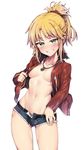  bangs belt blonde_hair breasts cutoffs eyebrows_visible_through_hair fate/apocrypha fate_(series) green_eyes grin highres jacket jewelry jp06 long_hair looking_at_viewer mordred_(fate) mordred_(fate)_(all) navel no_bra open_clothes open_fly open_jacket pendant ponytail short_shorts shorts small_breasts smile solo stomach 