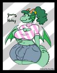 breasts bulge cleavage clothed clothing dickgirl dragon green_eyes green_hair hair haley_sturmbringer_(character) horn intersex navel nomnoms_(artist) ponytail shorts son_mao thick_thighs voluptuous wings 
