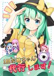  4girls armband black_hat blue_eyes blue_hair bow chibi commentary_request cover cover_page doujin_cover frilled_sleeves frills green_hair hand_on_own_chest hat hat_bow hata_no_kokoro highres hinanawi_tenshi komeiji_koishi komeiji_satori long_hair looking_at_viewer multiple_girls ominaeshi_(takenoko) pink_hair smile third_eye touhou wide_sleeves 