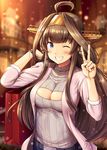  ahoge alternate_costume bag belt blue_pants blurry blurry_background blush breasts brown_hair casual cleavage denim double_bun eyebrows_visible_through_hair grey_belt grin headgear ichikawa_feesu jacket kantai_collection kongou_(kantai_collection) large_breasts long_hair long_sleeves looking_at_viewer meme_attire night one_eye_closed open-chest_sweater outdoors pants pink_jacket purple_eyes purple_sweater remodel_(kantai_collection) ribbed_sweater shiny shiny_hair shopping_bag smile solo sweater turtleneck turtleneck_sweater upper_body v watch wristwatch 