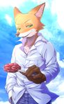  2016 anthro brown_fur canine clothed clothing cute_fangs disney dress_shirt fox fur gloves_(marking) green_eyes half-closed_eyes inner_ear_fluff looking_at_viewer male mammal markings multicolored_fur nick_wilde open_mouth orange_fur pants shirt smile solo white_fur zeruel zootopia 