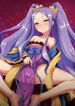  1girl bangs bare_shoulders barefoot blush breasts cleavage dress fate/grand_order fate_(series) invitation long_hair long_sleeves looking_at_viewer medium_breasts naughty_face off_shoulder pink_eyes purple_hair robe smile solo spread_legs sweat twintails very_long_hair wide_sleeves wu_zetian_(fate/grand_order) yunodon0315 