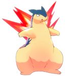  2017 d5ma feral fire fur male nintendo open_mouth pok&eacute;mon pok&eacute;mon_(species) pose raised_arm simple_background slightly_chubby solo standing thick_thighs typhlosion video_games 