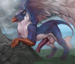  2017 animal_genitalia animal_penis avian balls beak big_balls blue_fur blue_tail claws cloud detailed_background digital_media_(artwork) equine_penis erection feathered_wings feathers feral field full-length_portrait fur green_eyes grey_claws gryphon hi_res looking_at_viewer male medial_ring multicolored_fur orange_beak outside ozi-rz penis portrait purple_penis quadruped rock side_view signature sky solo tail_tuft tuft two_tone_fur white_balls white_feathers white_fur wings 