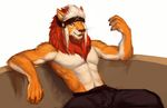  2017 anthro byowt clothed clothing feline fur lion looking_at_viewer male mammal muscular muscular_male pants pecs solo topless 