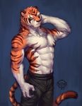  2017 abs anthro biceps byowt clothed clothing feline fur male mammal muscular pants pecs scar tiger topless 