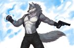  2017 anthro biceps byowt canine clothed clothing fur gun male mammal muscular pants pecs ranged_weapon topless weapon wolf 