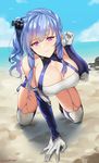  ahoge all_fours azur_lane bangs bare_shoulders beach blue_hair blue_sky blush breasts cleavage cloud commentary_request day elbow_gloves eyebrows_visible_through_hair gloves highres large_breasts long_hair looking_at_viewer ocean outdoors purple_eyes sendrawz side_ponytail sidelocks sky smile solo st._louis_(azur_lane) sunlight thighhighs water wavy_hair white_gloves 