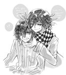  ! 2boys ahoge bangs blazer buttons checkered_scarf danganronpa duo english_text eyebrows heart multiple_boys nanamichiii new_danganronpa_v3 ouma_kokichi saihara_shuuichi scarf school_uniform shirt short_hair side_bangs simple_background smile straitjacket sweat text? uniform white_background 