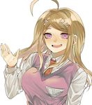  1girl ahoge akamatsu_kaede blonde_hair breasts danganronpa eyebrows hair_ornament hairclip long_hair looking_at_viewer medium_breasts musical_note musical_note_hair_ornament nanamichiii necktie new_danganronpa_v3 open_mouth purple_eyes school_uniform shirt simple_background smile solo sweater sweater_vest tie uniform upper_body white_background white_shirt 