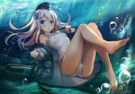  ass barefoot blonde_hair blue_eyes blush breasts cosplay cropped_jacket garrison_cap hair_ornament hat kantai_collection long_hair looking_at_viewer military military_uniform one-piece_swimsuit school_swimsuit small_breasts solo swimsuit swimsuit_under_clothes tan torpedo transformation u-511_(kantai_collection) underwater uniform yuuki_yuu 