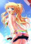 :d ass beach_umbrella belt bikini blonde_hair blue_eyes blue_sky bracelet cloud commentary_request day denim denim_shorts from_behind idolmaster idolmaster_cinderella_girls jewelry long_hair looking_at_viewer multicolored multicolored_bikini multicolored_clothes necklace ootsuki_yui open_mouth outdoors ponytail shorts sky smile solo striped striped_bikini swimsuit umbrella undressing wavy_hair zen 