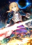  ahoge armor armored_dress artoria_pendragon_(all) bangs blonde_hair blue_dress braid breastplate closed_mouth commentary_request dress eclipse excalibur eyebrows_visible_through_hair fate/grand_order fate/stay_night fate_(series) faulds floating_hair french_braid gabiran gauntlets glowing glowing_sword glowing_weapon green_eyes hair_between_eyes hair_bun hand_up holding holding_sword holding_weapon juliet_sleeves light_particles long_dress long_sleeves looking_at_viewer puffy_sleeves saber serious shiny shiny_hair short_hair sidelocks solo standing sword weapon wind 
