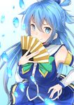  1girl aqua_(konosuba) bare_shoulders blue_eyes blue_hair blue_shirt blue_skirt bow commentary_request detached_sleeves green_bow hair_ornament hair_rings hand_fan highres kono_subarashii_sekai_ni_shukufuku_wo! long_hair looking_at_viewer shirt skirt smile tapioka_(oekakitapioka) very_long_hair water 