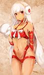  altera_(fate) altera_the_santa artrageousgirl bangs bare_shoulders blunt_bangs breasts choker collarbone commentary_request dark_skin detached_sleeves earmuffs fate/grand_order fate_(series) feet_out_of_frame full_body_tattoo gloves headdress hips jewelry looking_at_viewer midriff navel parted_lips red_eyes revealing_clothes short_hair small_breasts solo stomach stomach_tattoo tan tattoo thighs veil white_hair 