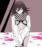  1boy 1girl ahoge akamatsu_kaede bangs blood checkered_scarf danganronpa duo eyebrows eyes_closed hair_ornament hairclip long_hair musical_note musical_note_hair_ornament nanamichiii necktie new_danganronpa_v3 ouma_kokichi pants picture_frame pink_eyes scarf school_uniform shirt shoes short_hair side_bangs sitting smile straitjacket sweater sweater_vest tie uniform 