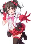  black_bow black_hair black_legwear blush bokura_wa_ima_no_naka_de bow gloves heart_cutout long_hair looking_at_viewer love_live! love_live!_school_idol_project matokechi one_side_up open_mouth red_eyes red_gloves shirt simple_background skirt solo suspender_skirt suspenders thighhighs white_background white_shirt yazawa_nico 