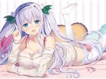  :d ass bangs bare_shoulders bed_sheet blue_eyes blush breasts cleavage collarbone dress eyebrows_visible_through_hair flower_knight_girl frilled_pillow frills grey_dress hair_ornament hairband heart heart_pillow index_finger_raised kinutasou_(flower_knight_girl) large_breasts lavender_hair leaf_hair_ornament leg_up legs_up long_hair long_sleeves looking_at_viewer lying naruse_mamoru off-shoulder_sweater on_stomach open_mouth pillow polka_dot red_ribbon ribbon sidelocks sleeves_past_wrists smile solo striped striped_background sweater sweater_dress tareme thighhighs twintails two-tone_hairband two_side_up vertical-striped_background vertical_stripes very_long_hair white_legwear zettai_ryouiki 
