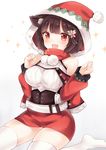  :d animal_ears azur_lane bare_shoulders belt blush brown_hair cat_ears commentary_request fang hair_ornament hands_up hat jacket long_sleeves looking_at_viewer nikoo no_shoes open_mouth panties panty_peek red_eyes red_hat red_jacket red_skirt santa_costume santa_hat simple_background skirt smile solo sparkle sweater thighhighs underwear white_background white_belt white_legwear white_panties white_sweater yamashiro_(azur_lane) 