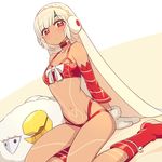  altera_(fate) altera_the_santa bangs bare_shoulders beltbra blunt_bangs boots bra breasts bright_pupils chan_co choker closed_mouth detached_sleeves dutch_angle earmuffs eyebrows_visible_through_hair fate/grand_order fate_(series) looking_at_viewer mittens navel panties red_bra red_eyes red_footwear red_panties ringed_eyes sheep short_hair silver_hair sitting small_breasts solo underwear veil 