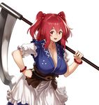  :d apron bangs blush bracelet breasts cleavage cowboy_shot frilled_sleeves frills hair_bobbles hair_ornament hand_on_own_chest holding holding_weapon houtengeki jewelry large_breasts leaning_forward looking_at_viewer medium_hair obi onozuka_komachi open_mouth over_shoulder pearl_bracelet red_eyes red_hair sash scythe short_sleeves sidelocks smile solo standing tareme touhou two_side_up weapon white_apron 