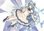  allie_(granblue_fantasy) armlet bare_shoulders blue_eyes blue_hair boots dress flower full_body granblue_fantasy hair_ornament highres long_hair looking_at_viewer open_mouth pointy_ears rose sleeveless solo yoshino_ryou 