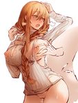  1girl arm_up between_breasts blonde_hair blush bottomless braid breast_grab breasts cowboy_shot cum cum_in_pussy disembodied_limb full-face_blush girls_frontline grabbing grabbing_from_behind green_eyes hair_between_breasts hair_between_eyes hair_over_shoulder half-closed_eyes hand_in_another's_hair hand_on_own_chest hand_on_own_head hetero highres large_breasts long_hair long_sleeves looking_back m1903_springfield_(girls_frontline) nipple_slip nipples no_bra no_pants puffy_nipples pussy saliva simple_background single_braid sketch snowru solo_focus standing sweat sweater thighs torn_sweater white_background white_sweater 