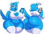  &lt;3 2019 4_fingers anthro avian beak belly big_breasts big_butt bird blue_eyes blue_feathers bottomless breasts butt clothed clothing crotch_tuft deep_navel digital_media_(artwork) eyelashes feathers female front_view hi_res huge_breasts huge_butt legwear looking_at_viewer meme navel phone rear_view shirt simple_background slightly_chubby smile solo sssonic2 standing stockings thick_thighs thigh_highs tweetfur twitter voluptuous wendy&#039;s_old_fashioned_hamburgers white_background wide_hips 