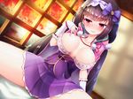  areolae bangs black_hair blush breasts closed_mouth dutch_angle fate/grand_order fate_(series) hairband large_breasts long_hair looking_away low_twintails osakabe-hime_(fate/grand_order) oshishio purple_eyes solo twintails very_long_hair window 