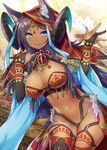  47agdragon animal_ears black_gloves blue_eyes breasts bridal_gauntlets cat_ears circlet cleavage dark_skin elbow_gloves fang fate/grand_order fate_(series) gloves highres horns large_breasts leaning_forward long_hair looking_at_viewer navel parted_lips purple_hair queen_of_sheba_(fate/grand_order) smile solo thighs 