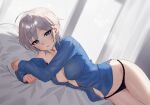  1girl 24riside absurdres ahoge anastasia_(idolmaster) black_panties blue_eyes blue_shirt blush breasts cleavage grey_hair highres idolmaster idolmaster_cinderella_girls long_sleeves looking_at_viewer lying medium_breasts on_bed on_side panties shirt short_hair smile solo thighs underwear 
