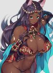  animal_ears arm_behind_head arm_up belly black_gloves black_hair breasts bridal_gauntlets cat_ears circlet cleavage dark_skin elbow_gloves fate/grand_order fate_(series) gloves green_eyes highres large_breasts leaning_forward long_hair looking_at_viewer navel parted_lips pink_background poko_chin queen_of_sheba_(fate/grand_order) simple_background smile solo thighs 