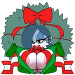  absurd_res alpha_channel anthro areola big_breasts blue_hair breasts brown_eyes christmas cleavage clothed clothing disembodied_hand eyelashes fan_character grope hair hair_over_eye hi_res holidays huge_breasts mammal marthedog ribbons ripping sage_the_sloth sloth sonic_(series) undressing wreath 